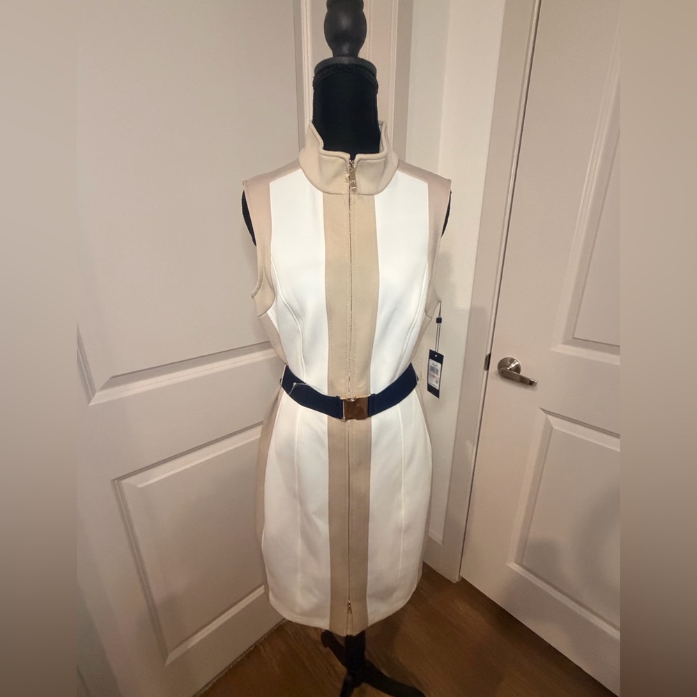 Tommy Hilfiger Elegant White and Tan  Sleeveless Dress